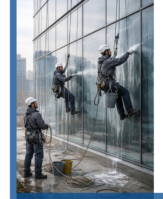 Промышленная мойка панорамных окон на высоте в Ртищеве