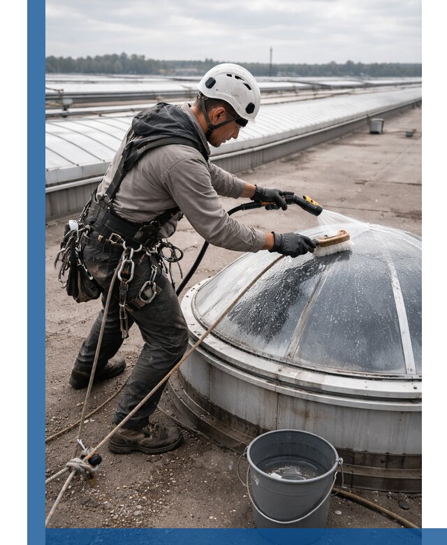 Мойка зенитных фонарей на кровле для промышленных объектов в Ртищеве