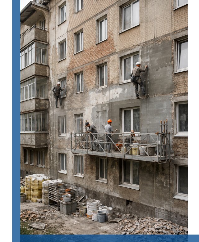 Капитальный ремонт фасада в Ртищеве с восстановлением и гидроизоляцией