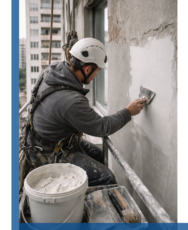 Шпаклевка фасадов на высоте с промальпинистами в Ртищеве