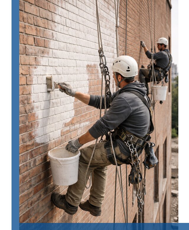 Покраска кирпичного фасада с доступным альпинистским сервисом в Ртищеве