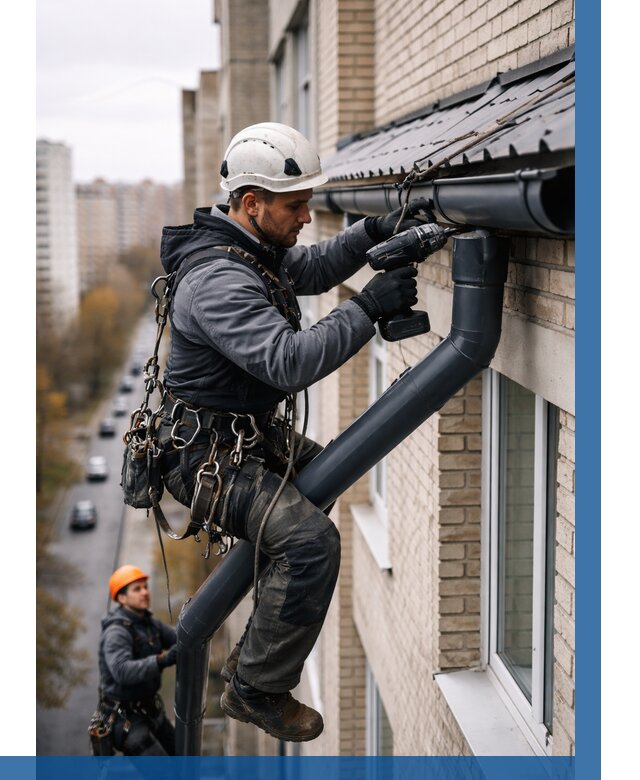 Монтаж водосточной системы на здании в Ртищеве от 5108 р. | ВЫСОТНИК-Ртщ