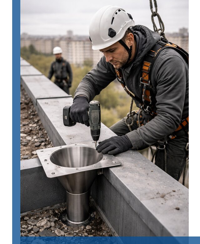 Монтаж водосточных воронок в Ртищеве для промышленных зданий