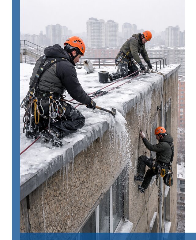 Удаление наледи с кровли в Ртищеве промышленными альпинистами