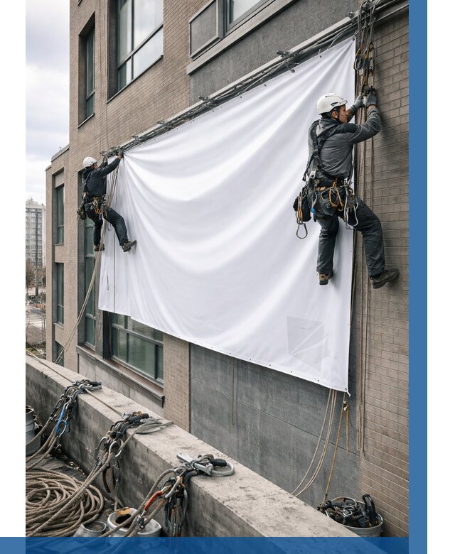 Монтаж баннеров на фасаде в Ртищеве от 664 р. заказать ВЫСОТНИК-Ртщ