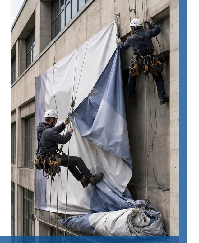 Демонтаж баннеров с фасада в Ртищеве от 4597 р. | ВЫСОТНИК-Ртщ