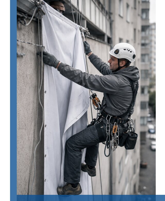 Замена баннерного полотна промышленными альпинистами в Ртищеве