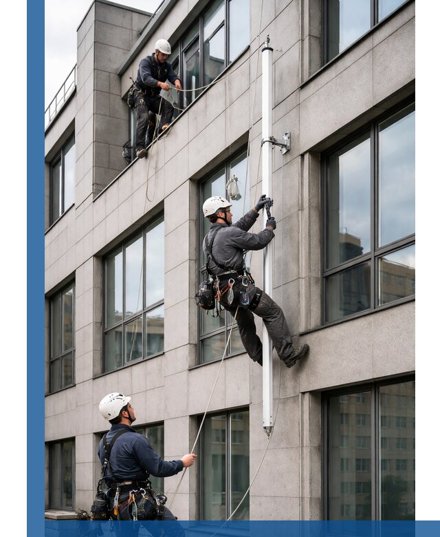 Монтаж флагштока на фасаде здания с креплением и герметикой в Ртищеве