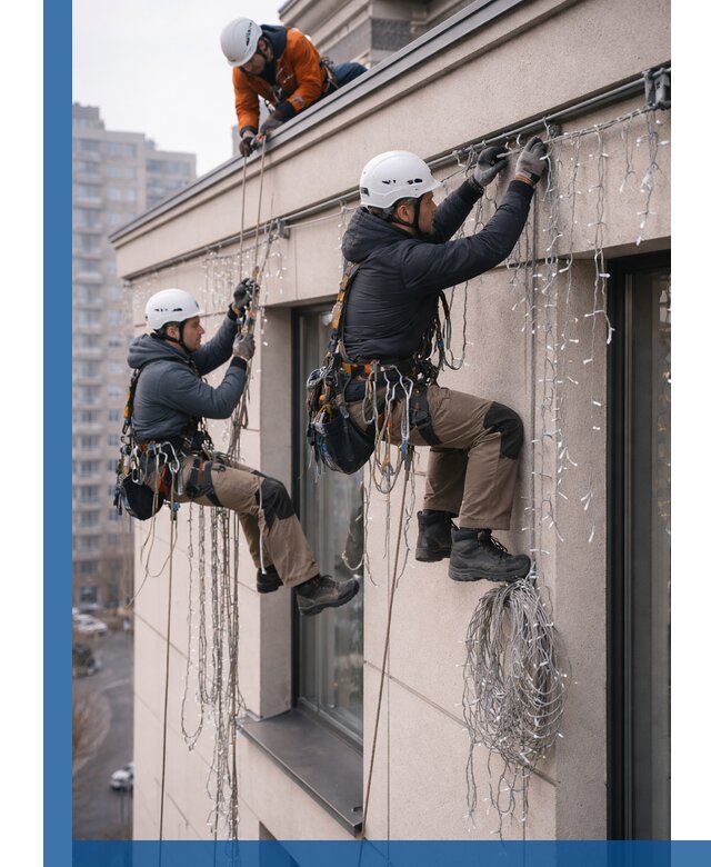 Монтаж праздничных гирлянд на фасаде в Ртищеве для зданий