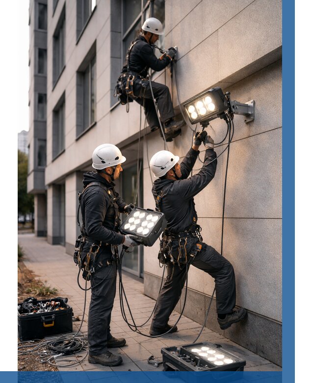 Монтаж прожекторов на фасаде в Ртищеве от 7661 р. | ВЫСОТНИК-Ртщ