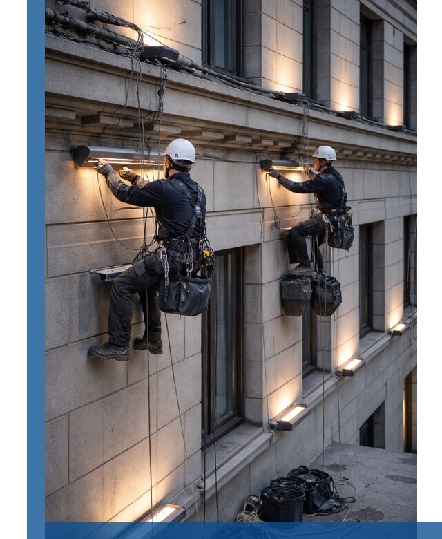 Монтаж архитектурной подсветки фасадов зданий в Ртищеве