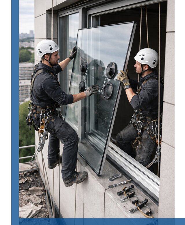 Замена стеклопакетов на высоте с промышленными альпинистами в Ртищеве