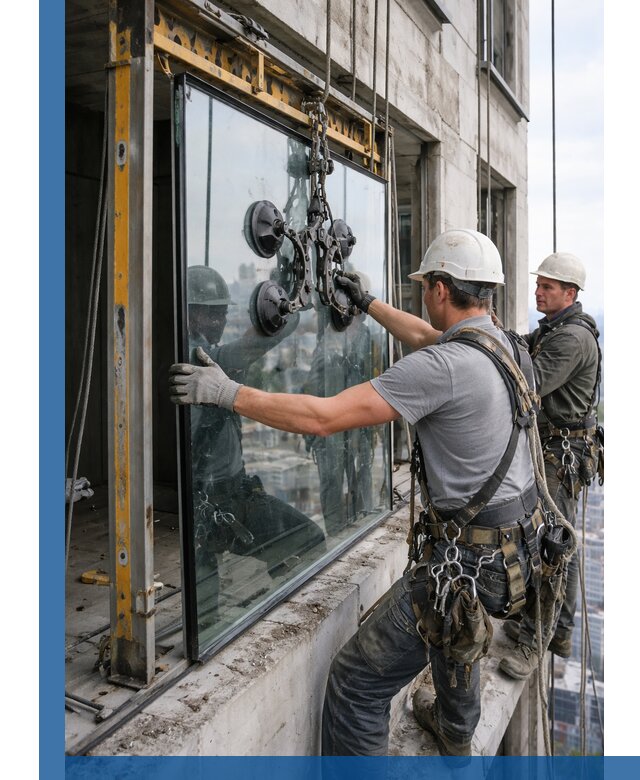 Монтаж стеклопакетов на высоте в Ртищеве с промышленным альпинизмом