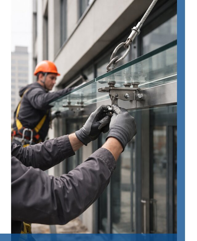 Монтаж стеклянных козырьков в Ртищеве от 8683 р. | ВЫСОТНИК-Ртщ