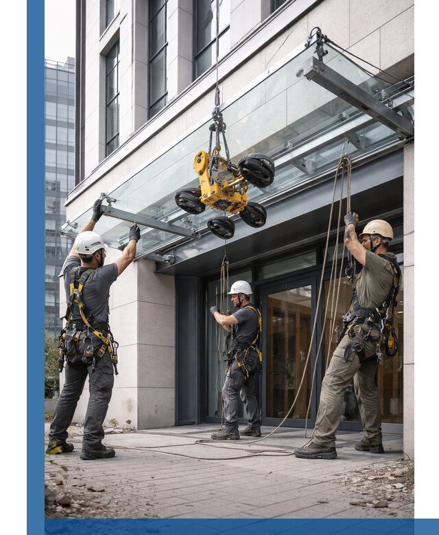 Монтаж стеклянных козырьков под ключ в Ртищеве для зданий