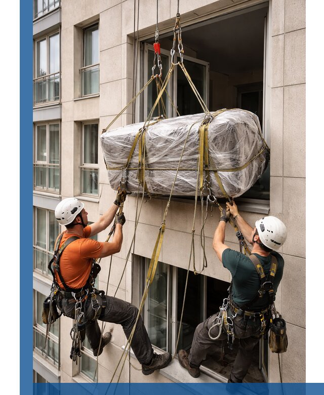 Подъем грузов через окно в Ртищеве промышленными альпинистами