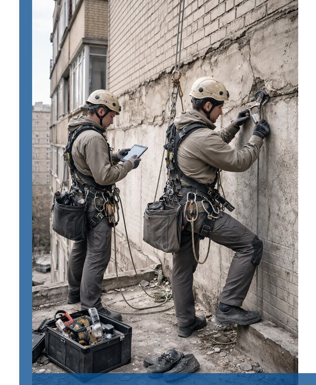 Обследование фасада промышленными альпинистами в Ртищеве